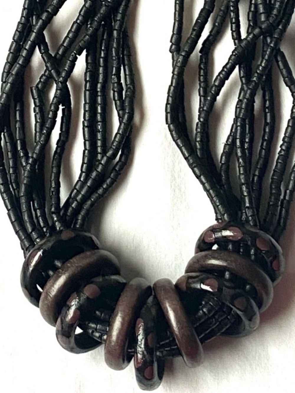 10 Strand Beaded Chocker Style Necklace With Carved Round Painted Wooden Rings